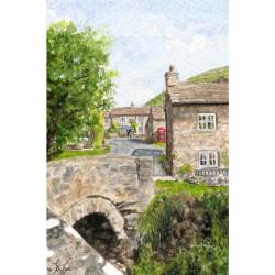 An original landscape watercolour painting depicting the picturesque Yorkshire Dales village of Thwaite in Swaledale. The painting features traditional stone buildings and rural scenery in watercolour
