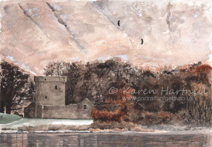 a watercolour painting depicting 2 white-tailed eagles soaring above Castle Island, Loch Leven, Kinross-shire, during the winter.