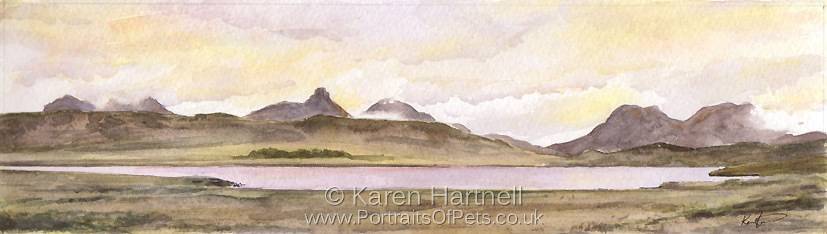 Dawn, Inverpoly. A watercolour showing the peaks of Inverpolly, Scotland