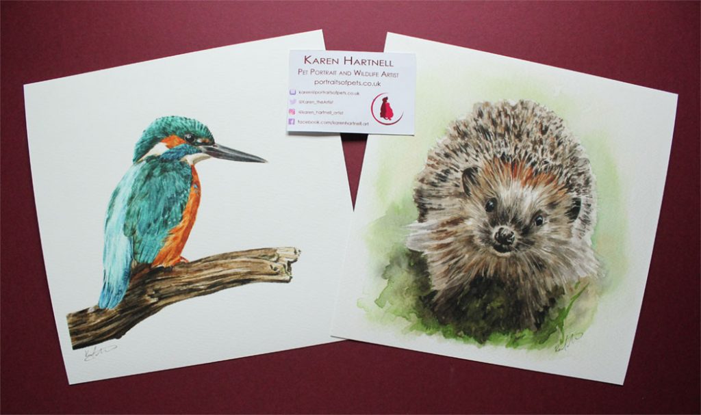 two giclée prints, one from a watercolour painting of a kingfisher and the other from a watercolour painting of a hedgehog