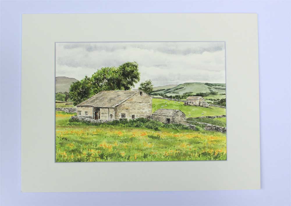 Mounted watercolour painting of Burtersett field barns, Wensleydale, Yorkshire Dales. Original landscape art featuring stone barns and summer wildflower meadows