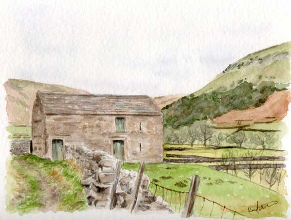 A small watercolour painting depicting a field barn / cowuss near Muker in Swaledale